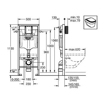 Инсталляция с клавишей смыва Grohe Rapid SL 38772001 с унитазом Villeroy & Boch O'Novo 5660H101 с сиденьем микролифт