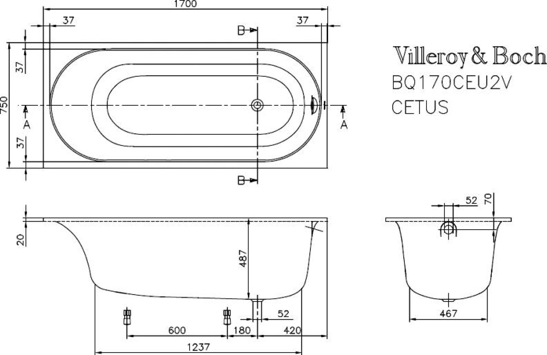 Квариловая ванна 170х75 Villeroy & Boch Cetus UBQ170CEU2V-01